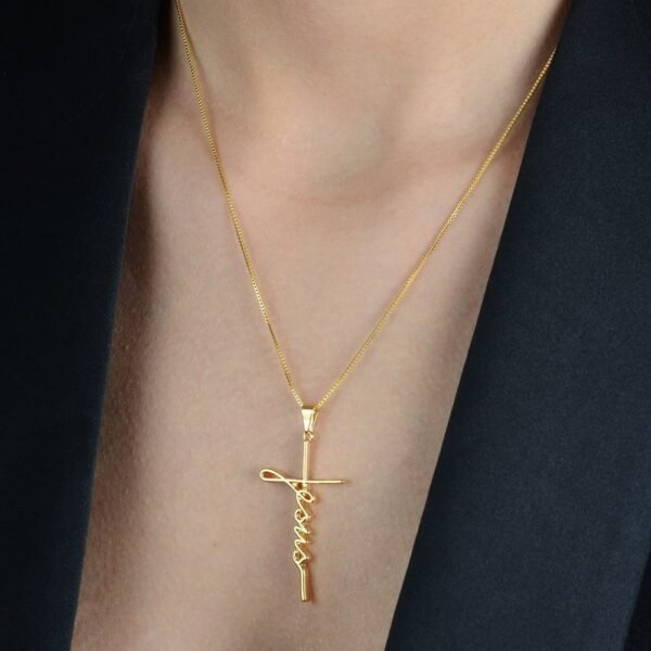 Colar Dourado Religioso de Cruz Jesus - Imagem 2